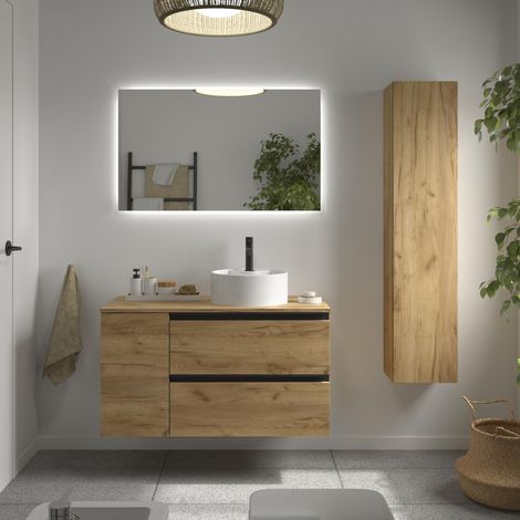 Meuble de salle de bain BEQUIA PLUS METAL 90cm Chêne Vasque à poser Porcelaine Côté réversible 1P (1/5)