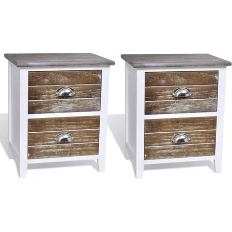Table de chevet 2 tiroirs bois paulownia blanc et marron Poupa - Lot de 2 (1/4)