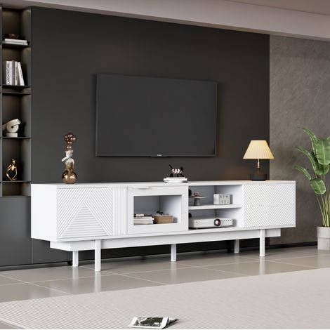 Meuble TV 200x40x50,5 cm en panneaux de bois blanc, avec rangement pour salon FloraGrace (1/5)