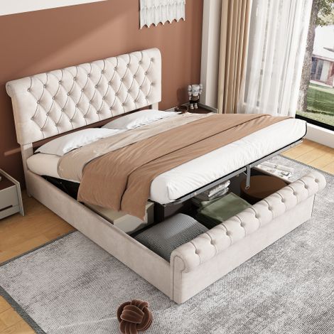 Luxurious Beige Velvet Button-Tufted Sleigh Bed with Storage,4ft6 (135x190) Slatted Frame Design
