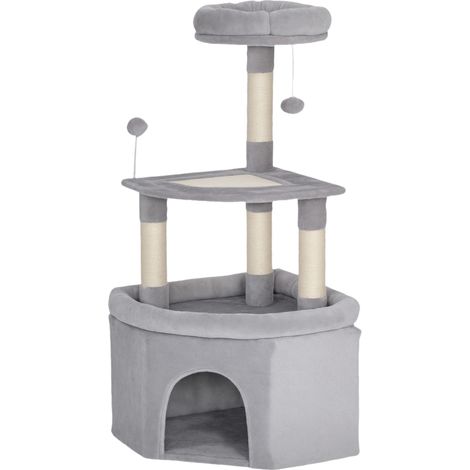 Arbre à chat tour jeux griffoirs sisal plateforme niche peluche boules 49x49x114cm gris clair