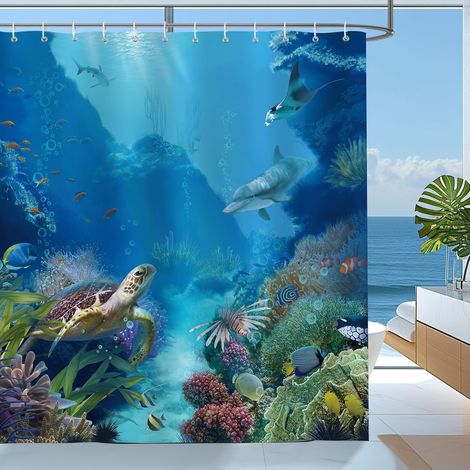 Rideau de Douche Polyester 180×180 cm Monde Sous-Marin Tortue Océan Bleu, Imperméable Anti-Moisissure Lavable avec 12 Crochets (1/5)