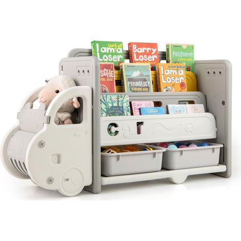 COSTWAY Kids Toy Storage and Bookshelf Car Themed Toy Storage Cabinet-Grey (1/5)
