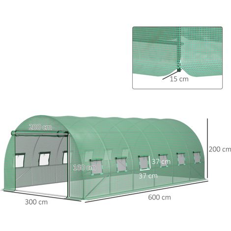 Toit de serre en PE, 12 fenêtres, porte sectionnelle, bord encastré, 6 x 3 x 2 m, vert (1/5)