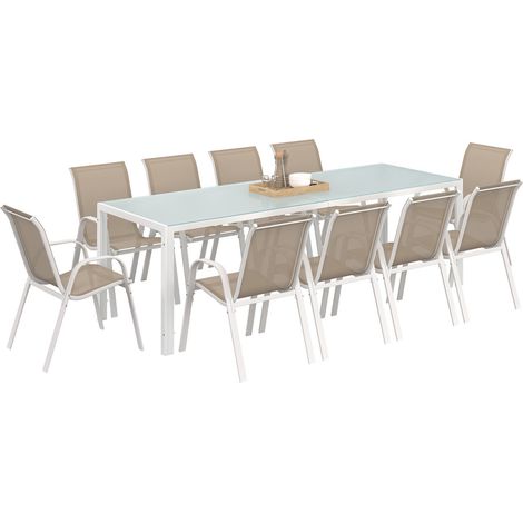 Idmarket – Ensemble table et 10 chaises empilables – Structure acier blanc – Plateau verre trempé 240x80cm – Dossier et assise textilène beige