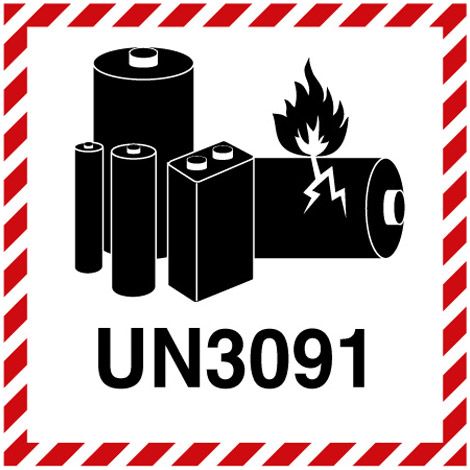 Etichetta in PE Marchio batterie al litio UN3091  mm 100x100 - Misura: 100mm x 100mm - Numero Pezzi: 100 pezzi