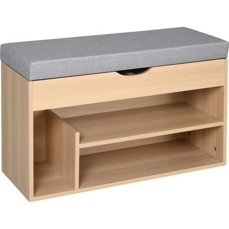 Schuhschrank, zweistufige Schuhbank mit Stauraum, Nische + integrierte Kommode mit beige/grauem Kissen (1/5)