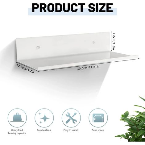 Étagère métallique flottante auto-adhésive (30 cm, blanc mat) - Rangement mural sans perçage pour cuisine, salle de bain, chambre ou rangement pour œuvres d'art. (1/5)