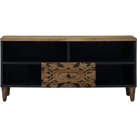 Meuble TV en Bois de Manguier Massif, Style Industriel Rustique, 100 x 33 x 46 cm, Couleur Marron, Console Basse avec Rangement pour Salon (1/5)