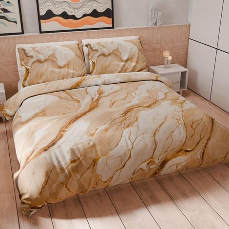 Housse de Couette 1 Place 150x200 cm 1 Taie 50x80 cm Incluse, Parure en Microfibre Imprimée Marbre Beige (1/5)