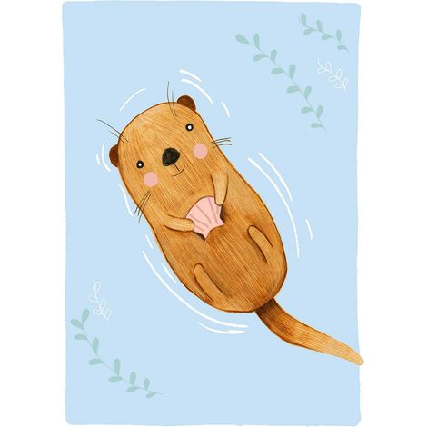 Tableau chambre d'enfant bébé loutre | Tableau animaux pour chambre de bébé | Tableau sur toile chambre fille bleu & marron 0,5 x 0,7 m (1/2)