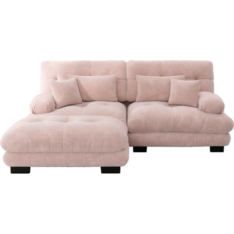 Modulares Ecksofa aus rosa Chenille mit 2 Lendenkissen, 2 Deko-Kissen und Ottomane (1/5)