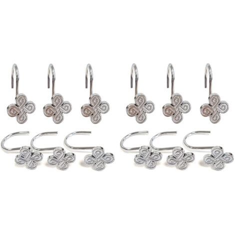 Lot de 12 Crochets pour Rideau de Douche en chrome : Anneaux de Rideau de Douche en métal argenté antirouille - Crochets en Forme de Fleur trèfle pour Suspension de Rideau (1/5)