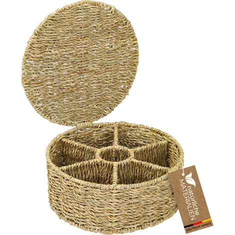 HMF Teebox für Teebeutel geflochten aus Seegras, Tee Aufbewahrungsbox mit 7 großen Fächern, 27 x 27 x 11 cm (1/4)