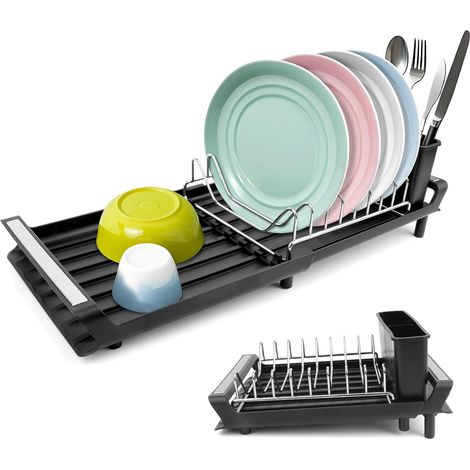 Egouttoir Vaisselle Pliable Egoutoire Vaisselle Cuisine INOX Égouttoir sur Evier Seche Compact avec Porte-Couverts Amovible Noir (1/5)