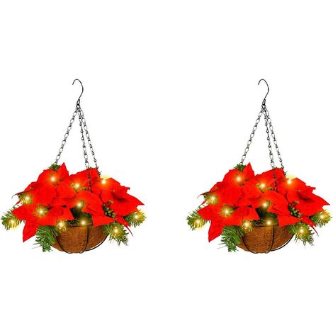 Lot de 2 paniers suspendus de Noël avec fleurs rouges, parfaits pour la décoration de votre jardin ou porche extérieur. (1/5)