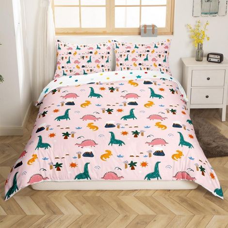 Bettwäsche-Set 220x240cm mit 2 Kissenbezügen 80x80cm, Dinosaurier-Motiv, Rosa, Mikrofaser