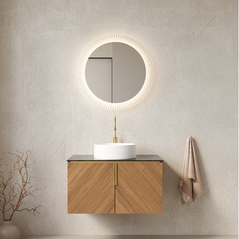 Meuble de salle de bain suspendu 76 cm avec vasque ronde en céramique et plan en pierre noire (1/5)