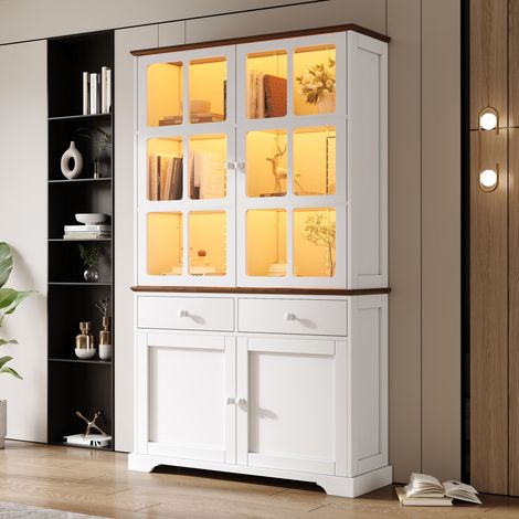 Vitrine 120 x 36,5 x 200 cm, vitrine sur pied avec 2 tiroirs et 4 portes, meuble haut, vitrine en verre avec éclairage LED, meuble de salon de 120 cm de large, meuble multifonctionnel, grand meuble, b (1/5)