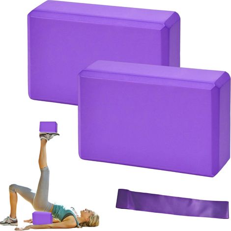 Lot de 2 Brique Yoga Avec Bandes de Fitness, Bloc Yoga Violets EVA  de haute densité bloc de mousse pour pilates étirement méditation accessoires de fitness (1/5)