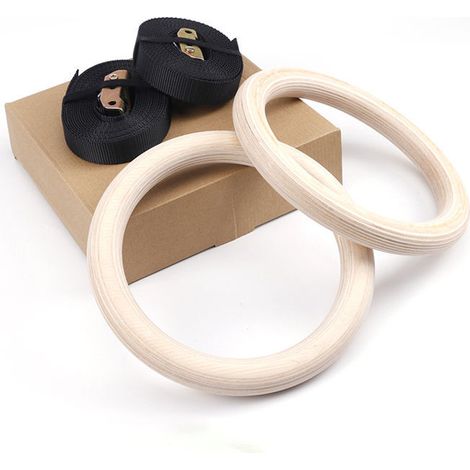 Anneaux de gymnastique et d'exercices pour l'entraînement, adaptés aux tractions Anneaux de gymnastique en bois, diamètre 28 mm, avec 2 sangles réglables en nylon, pour entraînements en suspension et (1/5)