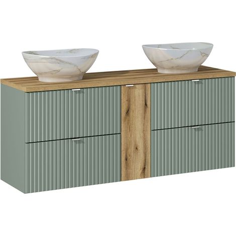 Doppelwaschtisch 140cm Jade mit 4 Schubladen, Grün und Holzoptik