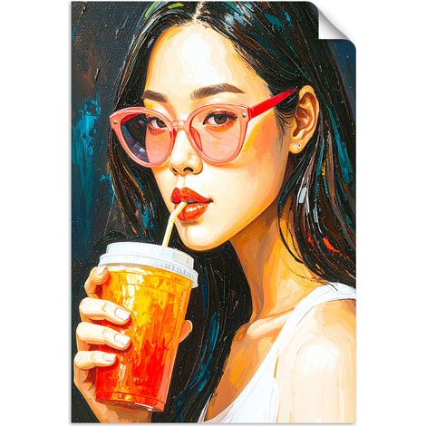 Selbstklebendes Poster – Wandsticker Mädchen mit Brille trinkt Kaffee 20x30 cm (1/3)