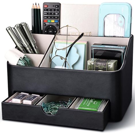 Organisateur de bureau cuir, Multifonctionnel rangement bureau organisateur avec tiroirs (Noir)