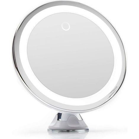 Miroir Grossissant 10x Lumineux LED avec Forte Ventouse, USB ou Batterie - Miroir Maquillage avec Lumière Naturelle Dimmable pour Les Salles de Bain, Luna (Blanc) (1/4)