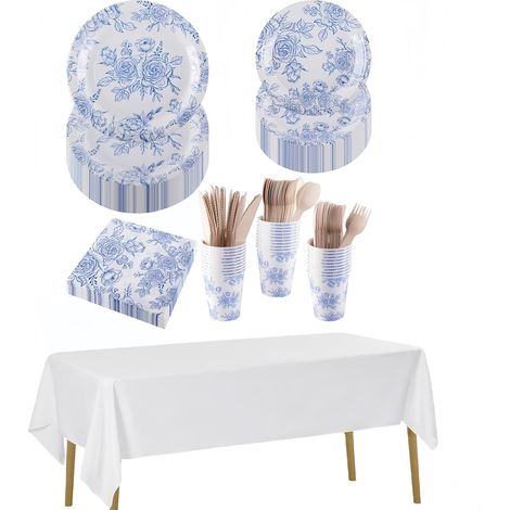 Service de table 212 pièces en papier pour 30 invités comprenant assiettes, tasses, serviettes, couverts et nappes pour thé élégant de l'après-midi, mariage, anniversaire (bleu) (1/5)