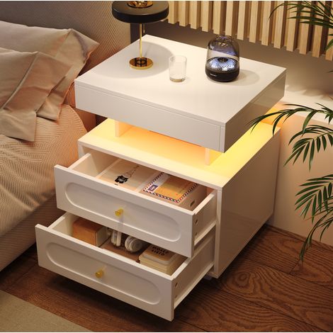 Set di 2 comodini LED 50x40x60 cm bianchi in truciolare con contenitore - CHICFURN (1/5)