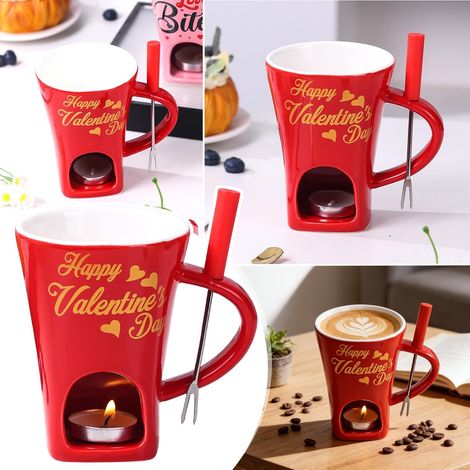Tasse à Fondue au Chocolat, 200 ML Services à Fondue au Chocolat, Tasse à Fondue au Chocolat en Céramique, Tasse à Fondue avec Fourchette et Bougie À Thé, Tasse à Fondue pour Bonbons et Chocolat (D) (1/5)