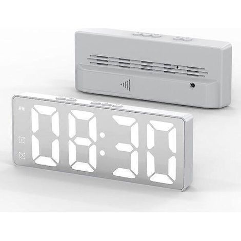 Réveil blanc avec affichage miroir LED, commande vocale, surveillance de la température et de l'humidité, double alarme, alimentation USB/piles.