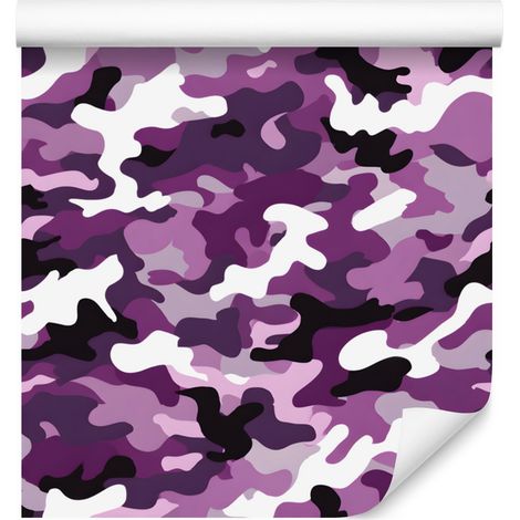Papel pintado de camuflaje militar morado y ciruela para salón y dormitorio, 50x1000 cm. (1/5)