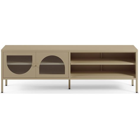 Meuble TV 2 portes 2 niches en métal beige 160 cm - Ysia (1/5)