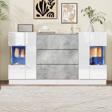 Eifson – Buffet 140x35x75cm avec éclairage LED 16 couleurs – 2 portes, 3 tiroirs, aspect marbre gris – Pour salle à manger et cuisine (1/5)