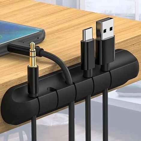 Set di 2 fermacavi autoadesivi, organizer per cavi per scrivania e comodino, per cavi di alimentazione, cavi del mouse e cavi del PC, 5 scomparti, nero (1/4)