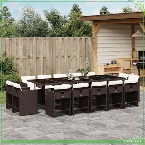 Ensemble à manger de jardin - FAF7291712415678 - 15 pièces (1 table, 14 chaises) - Résine tressée marron - Plateau verre trempé (1/5)