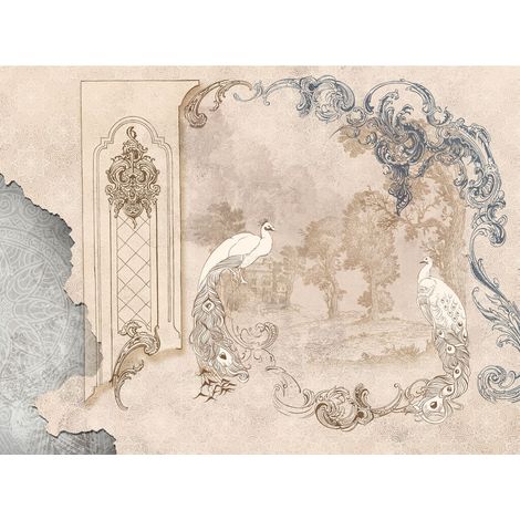 papier peint panoramique paysage oriental avec des paons beige  - Sanders & Sanders (1/5)
