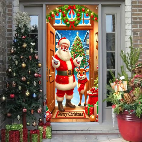 Décorations de Noël 2026 - Bannières, nœuds, décorations de Noël, rideaux de porte - 90 x 190 cm (taille élastique) - QL-25