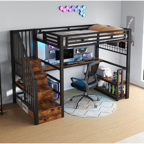 Hochbett 90 x 200 cm aus Metall und MDF, schwarz, mit Schreibtisch, ohne Matratze – MEUBLIV (1/5)