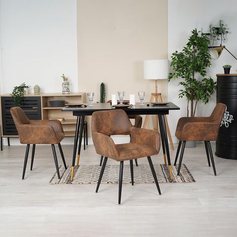 Meuble Cosy Ensemble Table à Manger Extensible avec 4 Chaises en Suédine, Style Industriel, Design Élégant et Confortable, Noir + Or + Marron (1/5)
