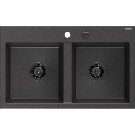 Mexen Hektor Granitspüle 2-Becken 800 x 480 mm, schwarz gesprenkelt, schwarzer Siphon - 6521802000-76-B (1/5)