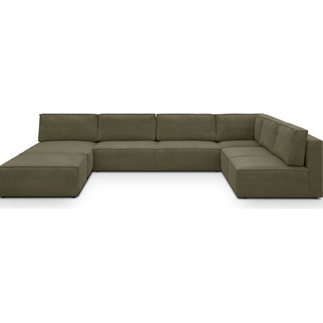 Canapé d'angle à droite panoramique modulable convertible 10 places avec pouf en velours côtelé vert kaki - Harper Mod (1/5)