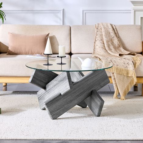 Table basse ronde (MDF + Verre) — Plusieurs coloris disponibles : Structure en bois créative en forme de croix — Simple et élégante. Plateau en verre trempé de 0,8 cm d'épaisseur.