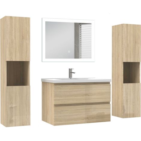 Ocean Ensemble de Meuble salle de bain 79cm Chêne Haut Brillant, miroir led + 2 colonnes 131.5cm (1/5)