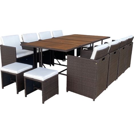 Set da giardino componibile 12 posti in resina intrecciata marrone con cuscini beige + fodera TOLEDO