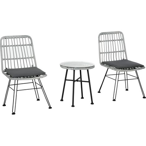 Ensemble de jardin 3 pièces en rotin PE et acier, comprenant une table basse avec plateau en verre et 2 chaises, idéal pour balcon, terrasse ou jardin. Gris. (1/3)