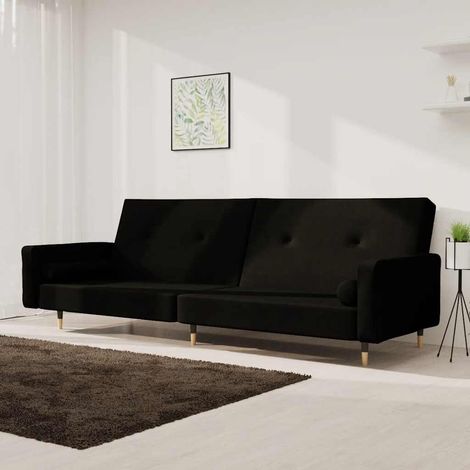 Canapé-lit 2 places convertible en lit, velours noir, 2 oreillers, 220 x 84,5 cm, 30kg - PANGIVO (1/5)