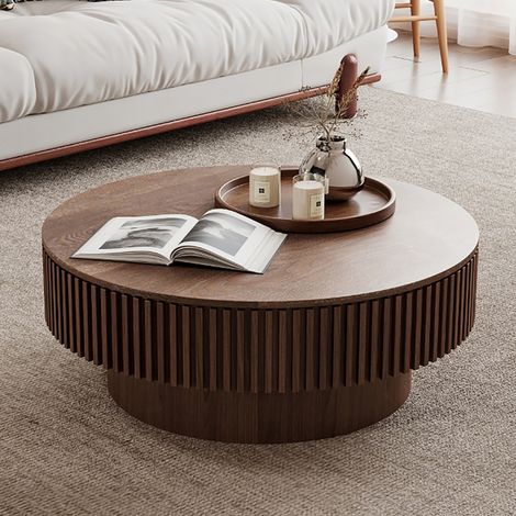 Table basse ronde de 75 cm avec rangement en bois massif placé Table basse moderne d’accent Table à thé pour salon,chambre,appartement ou bureau,Noyer (1/5)